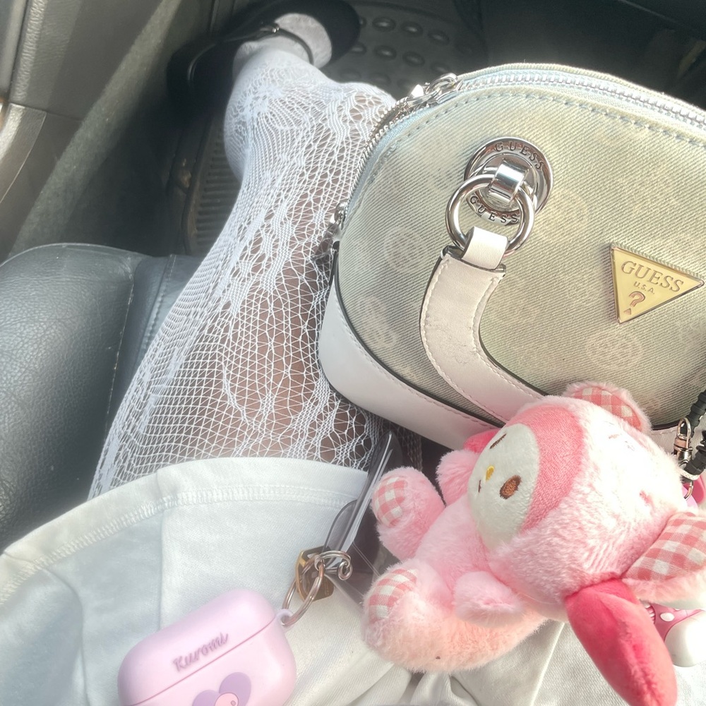 Guess Mint Green and White Small Dome Satchel Bag with Silver Accents